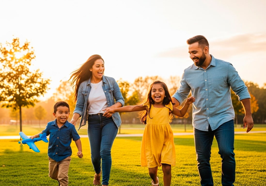 Familia feliz jugando